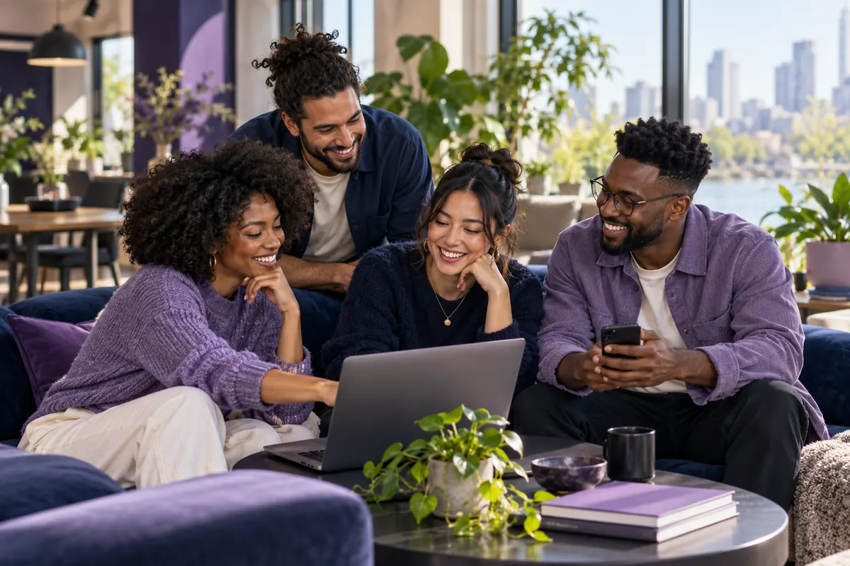 Illustration of friends gathered around a laptop