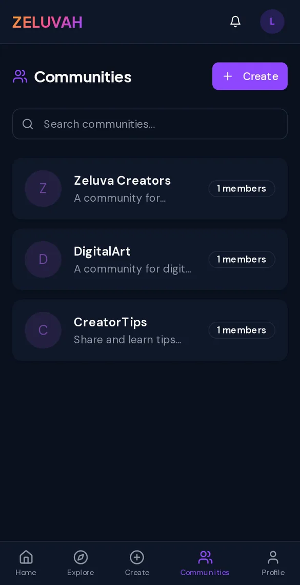 Screenshot of the Zeluvah communities page listing demo communities with join buttons