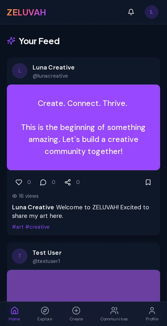 Screenshot of the Zeluvah feed showing a demo text post with like, comment, save and share buttons
