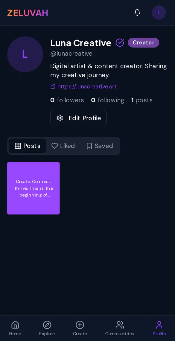 Screenshot of a demo creator profile on Zeluvah with bio, follower counts and posts